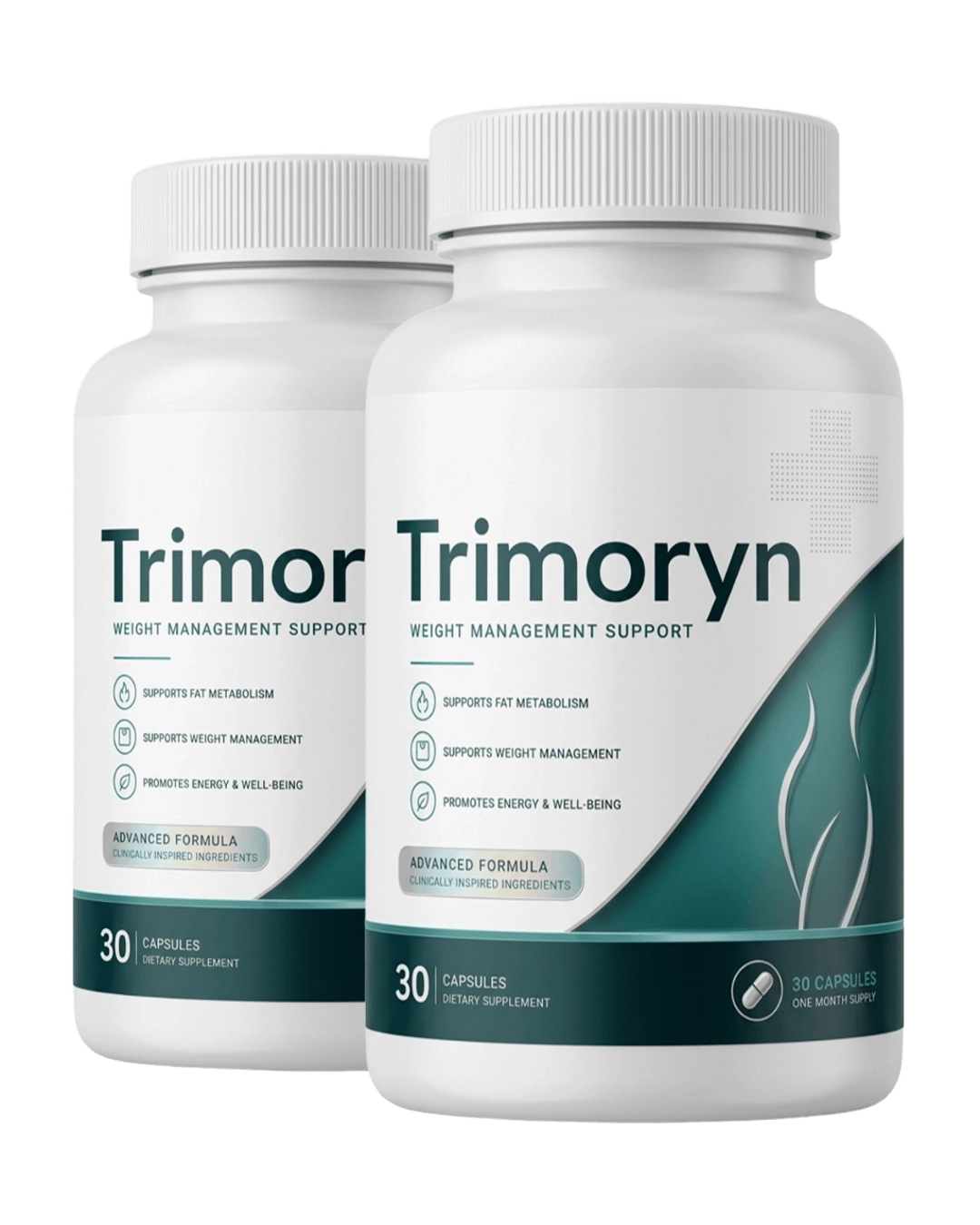 Two bottles of Trimoryn weight management support capsules, white bottles with dark teal label