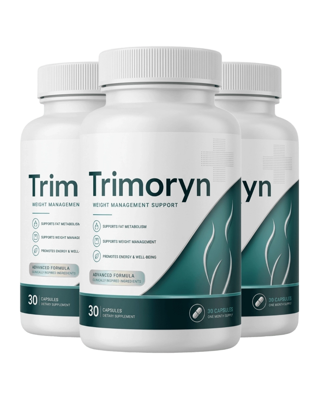 Three bottles of Trimoryn weight management support capsules, white bottles with dark teal label
