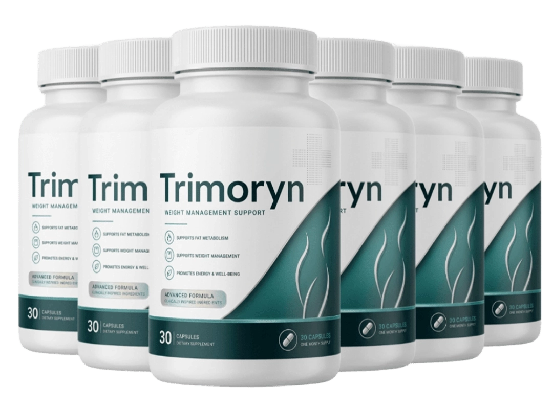 Six bottles of Trimoryn weight management support capsules arranged together, white bottles with dark teal label