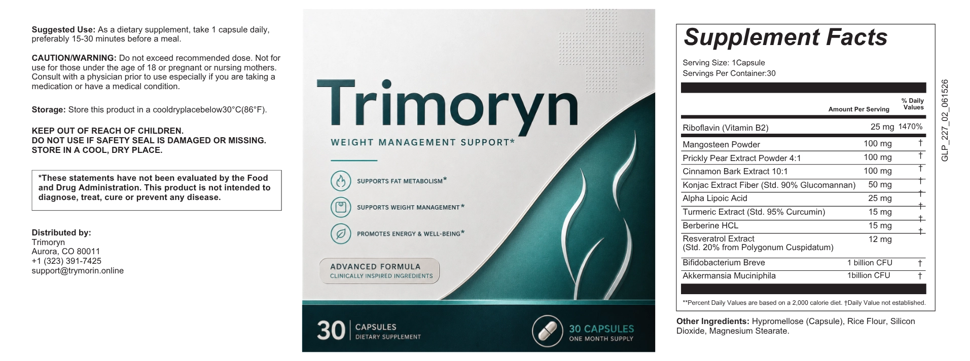 Trimoryn supplement facts label showing serving size, full ingredient list with Berberine HCL and Akkermansia Muciniphila, and suggested use instructions