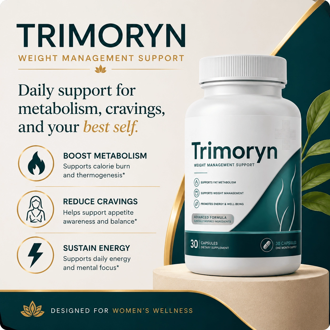 Trimoryn weight management support bottle on a pedestal, white bottle with dark teal label, designed for women's wellness